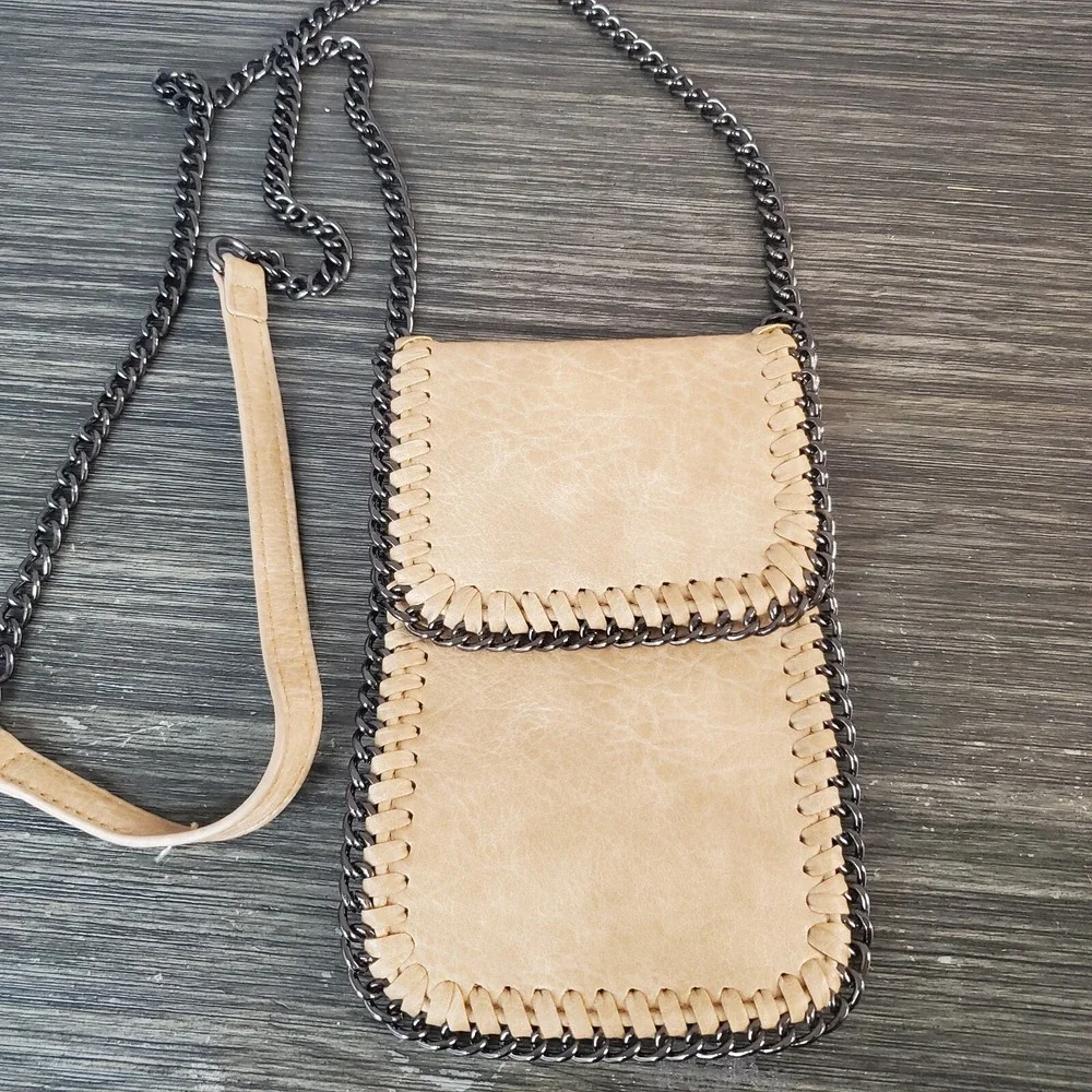 Vegan Leather Crossbody Bag With Chain Shoulder Straps, Exposed Stitches, Lined